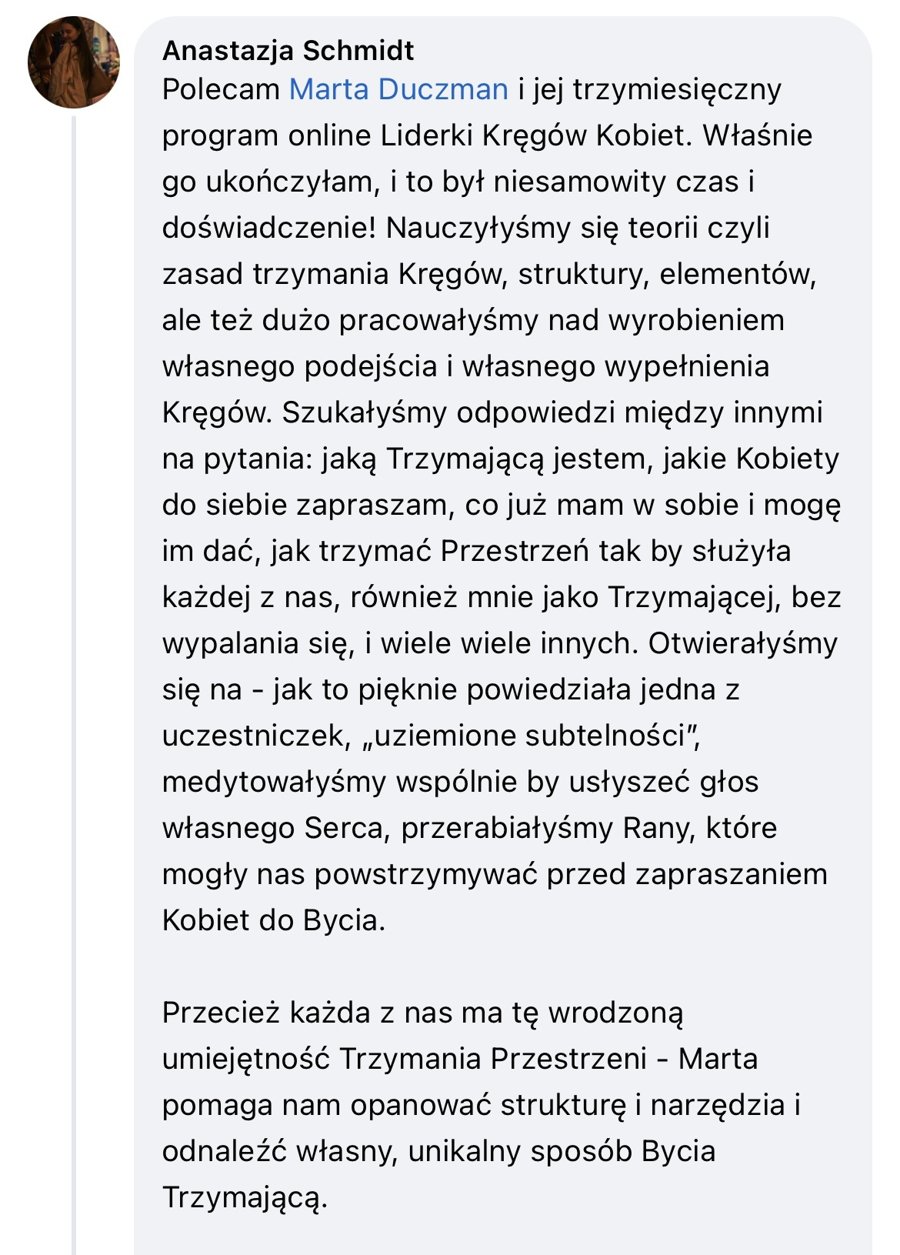 Opinia Anastazji o programie Liderka Kręgów Kobiet