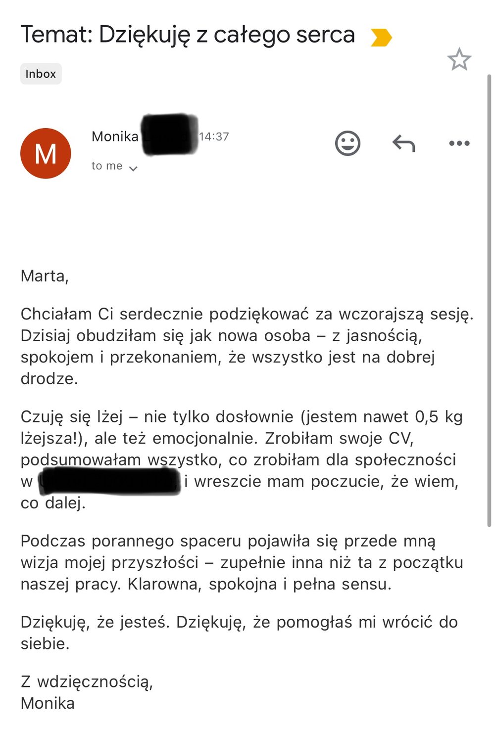 Opinia uczestniczki, zrzut wiadomości