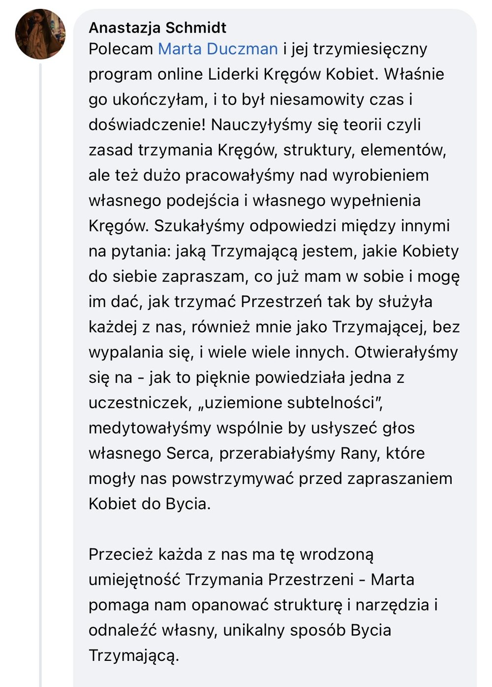 Opinia uczestniczki, zrzut wiadomości
