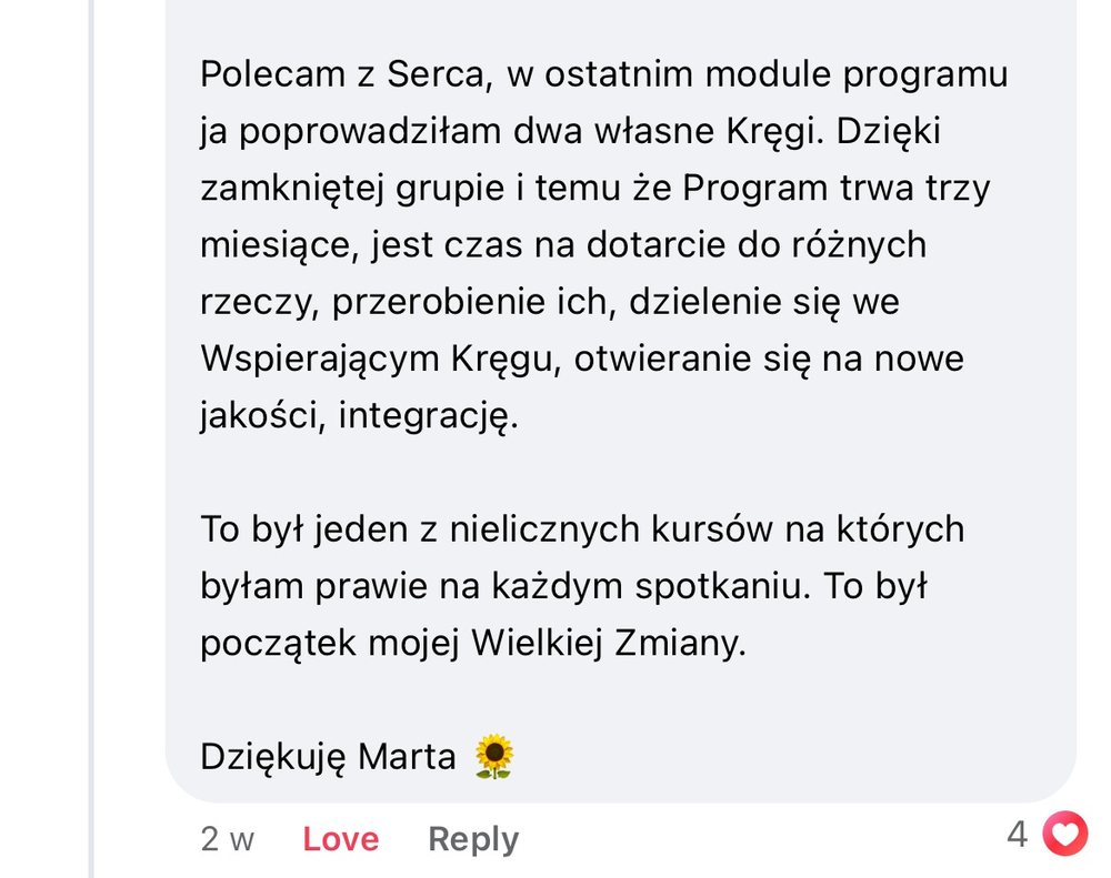 Opinia uczestniczki, zrzut wiadomości