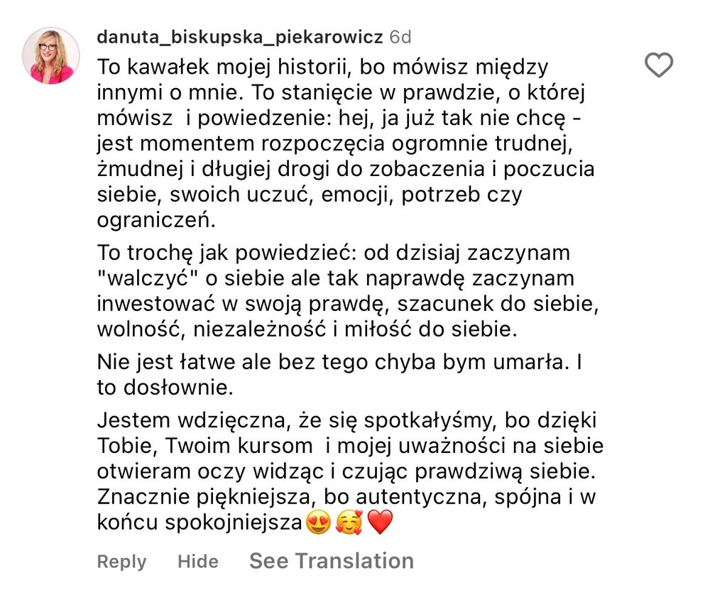 Opinia uczestniczki, zrzut wiadomości