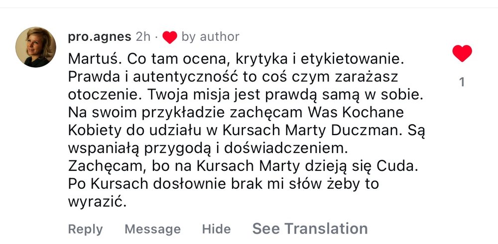 Opinia uczestniczki, zrzut wiadomości