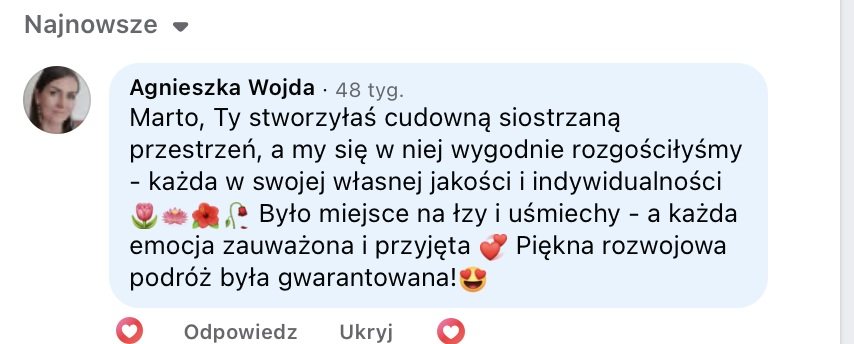Opinia uczestniczki, zrzut wiadomości